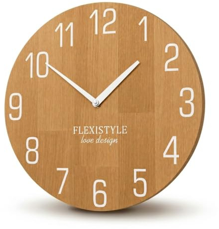 FLEXISTYLE Wanduhr Natur Durchmesser holzoptik 100% Eiche, Holz modern, Wohnzimmer, ohne tickgeräusche … (Eiche/Weiß, 30cm)