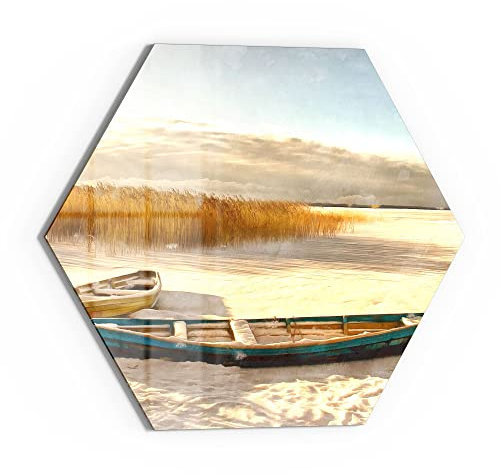 DEQORI Glas-Magnettafel | 55x47,6 cm groß | Motiv Holzboote im Dünensand | Memo-Board aus Glas | Magnetboard inkl. Magnete, Stift & Tuch für Küche & Büro | Tafel magnetisch & beschreibbar