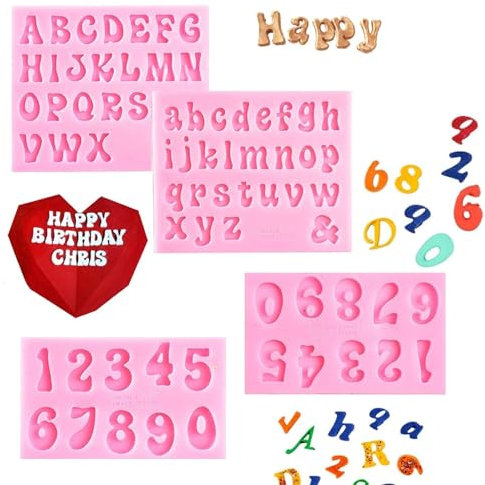 QEEYON 4 Pcs Silicone Letters Numbers Mold, Chocolate Fondant Candle Mould, 3D Silicone Mould Alphabet Number Biscuit Ice Cube Gummy Making Tray DIY Baking Mold for Cake Dessert Decoration