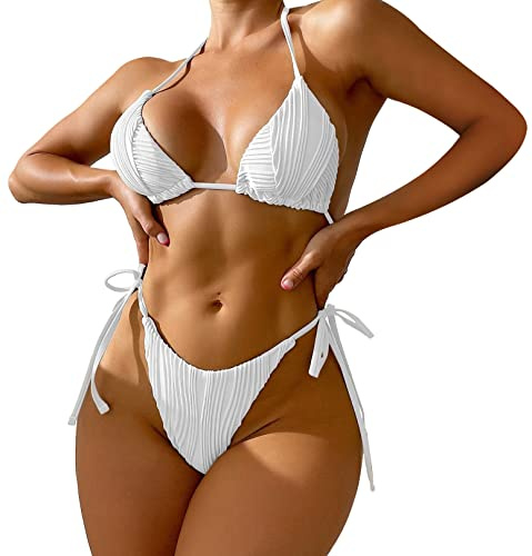 String Brésilien Sexy Maillot de Bain 2 Pièces pour Femme - Bikini Halter Triangle de Plage avec Taille Basse L