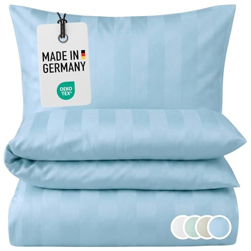 Carpe Sonno Damast Bettwäsche 135x200 cm Mako-Satin Blockstreifen, Blau | Hotel-Bettwäsche mit Damast-Blockstreifen | Bettbezug mit Reißverschluss + Kissenbezug 80x80 | 100 % Baumwolle