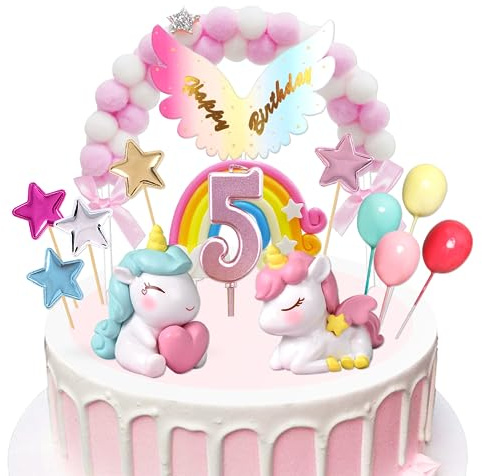 Einhorn Tortendeko 5. Geburtstag Mädchen, Kuchendeko Mit Kerze 5 Jahr, Figuren Cake Topper, Torten Deko für Mädchen