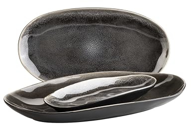 MÄSER 934070 Serie Niara Organic, modernes Plattenset für 4 Personen in aufregendem Vintage Look, 3-teiliges Platten Set mit besonderer Glasurkombination in Schwarz und Braun, Steinzeug