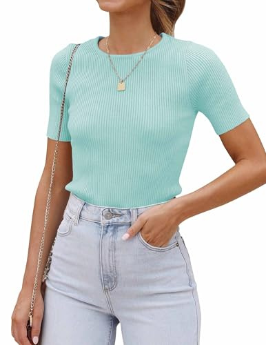Cuptacc Damen Tshirt Kurzarm Rundhals Gerippte Geschäft Tops Teenager Mädchen Himmelblau, Groß XL 46-48