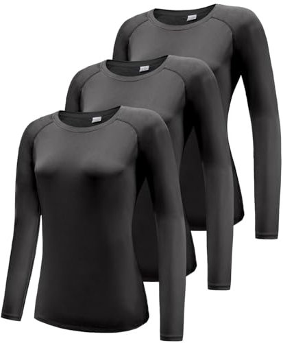 3er Pack Funktionsshirt Damen Langarm, UPF 50+ Sonnenschutz Schnelltrocknend Funktionsshirt Laufshirts, Atmungsaktiv Langarmshirt Sportshirt Workout Sport Oberteil Yoga Shirts Black 3P07-S