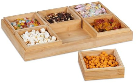 Relaxdays Snackschalen Set, mit Serviertablett, Bambus, 6 Schälchen, für Chips, Nüsse & Süßigkeiten, Servierset, Natur