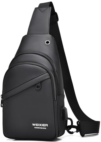 Sac de Poitrine Homme avec Port de Chargement USB Sac Petit Etanche Casual Sling Bag pour Cyclisme,Sport Voyage Excursion (Noir-3)
