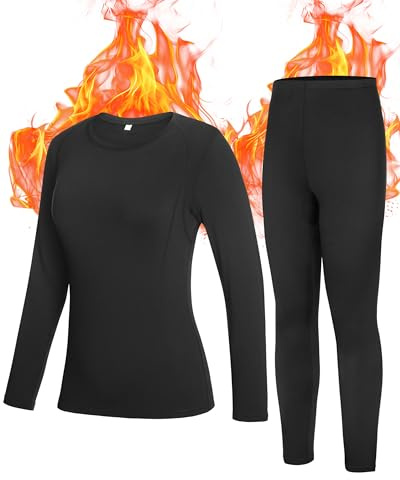 Roadbox Thermal Underwear Base Layers for Women Fleece Lined Crew Neck Long Johns Warm Tops & Bootoms Sets Skiing Winter Black