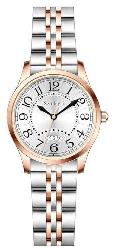 Szaikyri Classic Watch for Women with Easy Read Time Arabic Numerals Ladies Watch with Calendar Water Resistant (Silver-Rosegold Black)