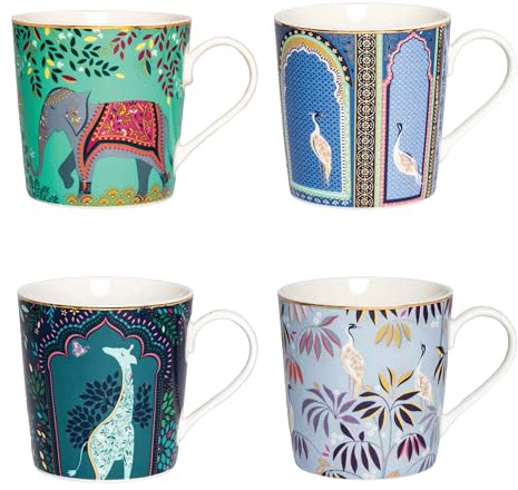 Sara Miller India Lot de 40 tasses à thé et café en porcelaine fine avec détails en or 22 carats – Verres de collection avec animaux exotiques dans des tons vibrants – Idéal pour offrir