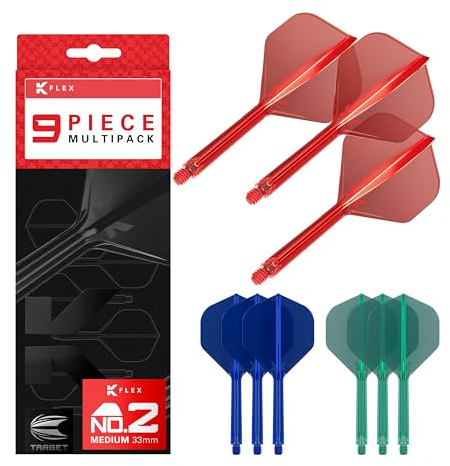 Target Darts K-Flex Integrated Dart Flights and Shafts, Kflex 9 Pack Bundle, Multipack – K Flex 3 Farben | Schwarz, Weiß, Klar, Rot, Grün, Blau, Pink, Orange, Gelb | Short, Intermediate, Medium