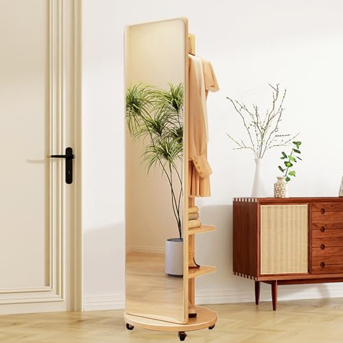 Specchio Autoportante A Figura Intera con ruote, Massello In Legno con Appendiabiti, Specchio Da Pavimento 2 In 1 e Appendiabiti Per Camera Da Letto (wood colour)