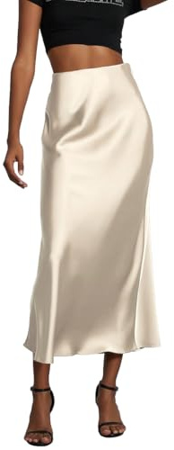 OLIPHEE Gonna Donna Lunga Raso Elegante Maxi Gonne da Donna Solida Colore Elastica Vita Alta A-Line Skirt in Satin Casual Vestiti Vacanza Business Beige XS