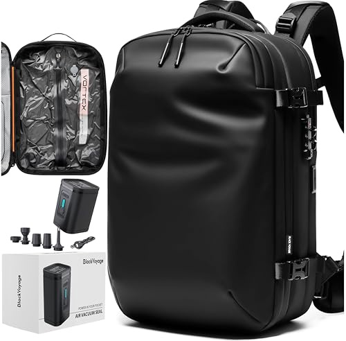 BlackVoyage Vortex - Mochila de viaje con sellado al vacío, sistema de compresión de aire expandible, resistente al agua, bloqueo TSA