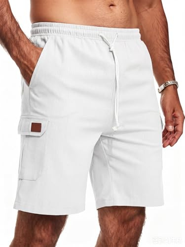 Zetieny Shorts för män sommar linneshorts lediga bermudashorts korta byxor med fickor, Vitt och blått, XL