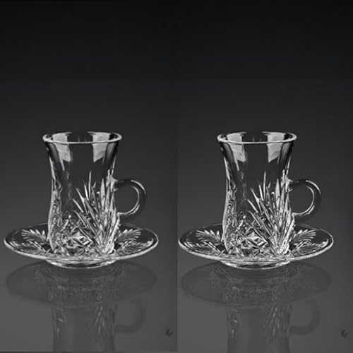 Juego de 2 vasos de cristal turco, vasos transparentes con asa, cristalería vintage, vasos y bandeja para café y té, decoración de cocina
