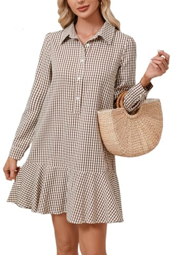YEXPINE Damen Tunika Shirt Minikleid Langarm Baumwolle Kurzes Kleid Knopfleiste Rüschensaum Etuikleider, Braunes Plaid, XX-Large