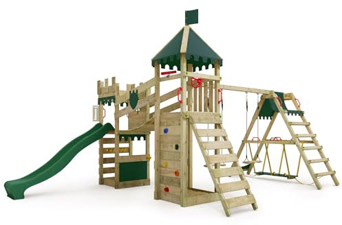 FATMOOSE Spielturm Ritterburg RiverRun Royal mit SurfSwing, Schaukel & Rutsche, Outdoor Kinder Kletterturm mit Sandkasten Leiter & Spiel-Zubehör für den Garten (grün)