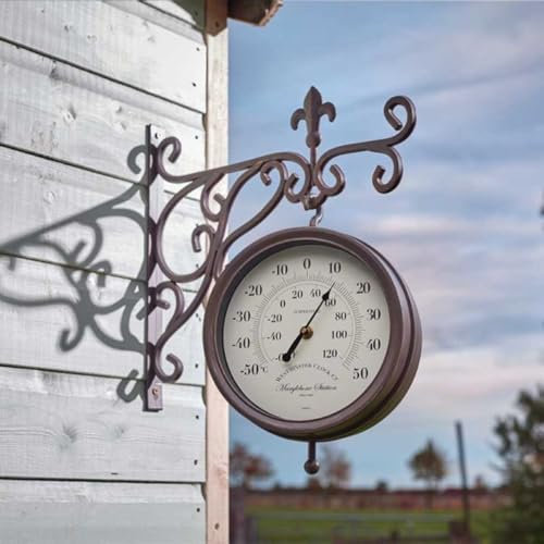 Garden Mile 32cm Double Sided Outdoor Station Wall Clock and Thermometer Garden Wall Ornaments Thermometer Outdoor Ruman Numerals Clock Garden Wall Features Outdoor