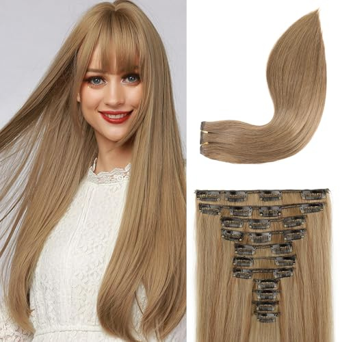 REECHO Clip in Extensions - 11PCS Clip in Haarverlängerungen für Frauen, 61 cm Lange Glatte Hair Extensions Natürliches Look Synthetisches Haarteil Extensions - Hellbraun mit blonden Strähnen