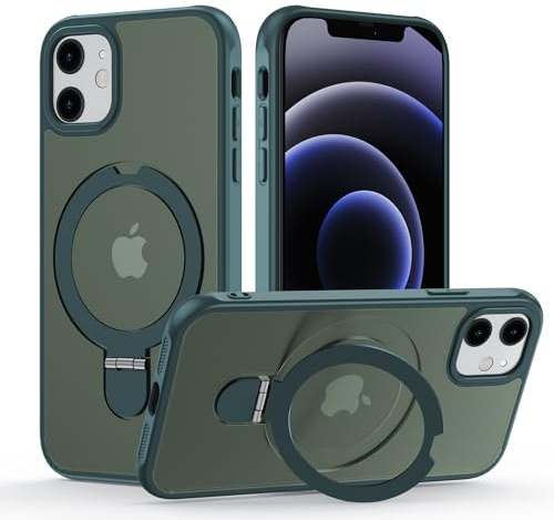 Cover per iPhone 11,[Compatibile con Magsafe] Custodia Cavalletto Antiurto Sottile Traslucida Opaca Posteriore PC+TPU Bordo Case con Invisibile Magnetica Girevole Anello Supporto,Verde