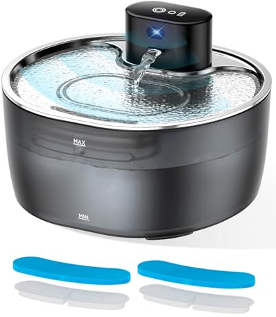 3.2L Trinkbrunnen für Katze Kabellos mit Bewegungsmelder, 5000mAh Akkukapazität, 2 Wassersprühmodi, Edelstahl Trinktablett, Aktivkohle-Tiefenfiltration, Leise Wasserbrunnen mit 2 Filter für Katzen