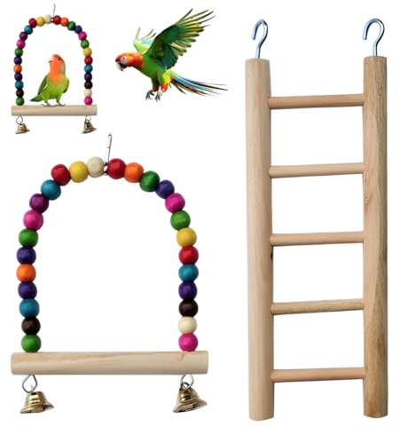 GXGM 2 Stück Papageienspielzeug, Holz Vogelschaukel mit Glocke, Leitern aus Holz, Wellensittich Schaukel, Vogelkäfig Zubehör für Vogel Papagei Finken Liebesvögel Kakadus Aras Training