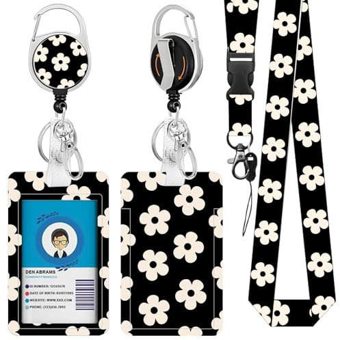 Schlüsselbänder für den Hals mit Ausweishalter, kleine Blume, Ausweishalter mit einziehbarem Schlüsselband und Rollenclip, für Lehrer, Krankenschwester, Büro, mit Namensschild