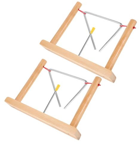 Mikinona Triangel Schlaginstrument Beige aus Eisen 2 Satz Glocke Kinderdreieck mit Holzständern und Klöppeln Tragbar mit Abgerundeten Kanten Geeignet für Kinder zum Musizieren und Üben
