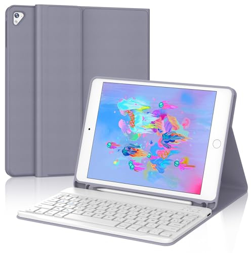 JADEMALL Coque Clavier pour iPad 6eme Generation 2018/5eme Generation 2017 9.7, iPad Air 2/1 2014/2013, AZERTY Français Clavier Bluetooth avec Fente pour Stylo, Violet