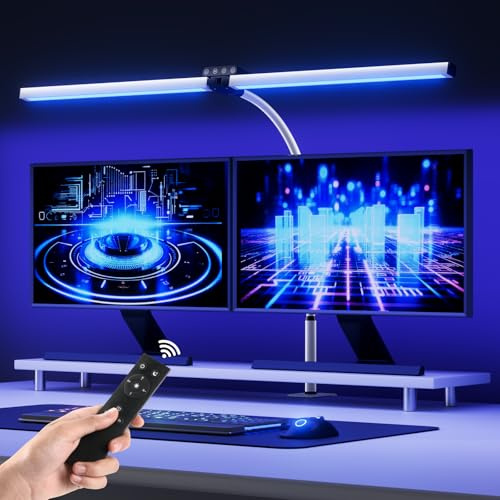 vatato Doppelkopf LED Schreibtischlampe mit RGB,24W Dimmbar Schreibtischleuchte mit Fernbedienungen, Klemmbar Tageslichtlampe mit Stufenlose Dimmung&Farb,Büro Tischlampe für Home&office (Weiß)