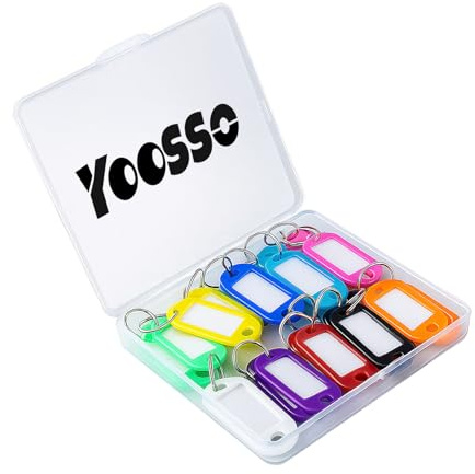 Lot de 20 porte-clés à étiquettes colorées avec anneau, 10 couleurs | PP durable, fenêtre transparente anti-poussière, 4,8 x 2,1 cm, pour clés, bagages, bureau et maison