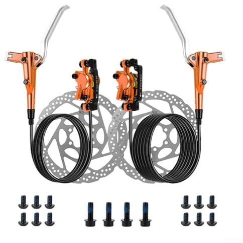 Honseadek Kit de frein à disque hydraulique à 2 pistons pour VTT, tuyau avant 800 mm et arrière 1400 mm, compatible avec cadre de VTT, alliage d'aluminium Cali(orange)