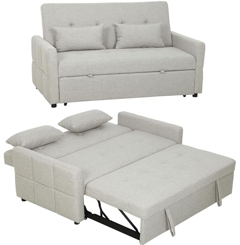 HOMCOM Canapé Convertible 2 Places 3 en 1, canapé-lit clic-clac 137x180cm, lit gigogne, Dossier réglable, 2 Coussins, Assise Large, Tissu Lin, pour Salon, Appartement, Petit Espace, Marron Clair