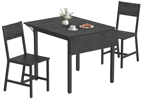 VASAGLE Klappbarer Esstisch mit 2 Stühlen, Essgruppe, für Wohnzimmer, Küche, Stahlgestell, einfacher Aufbau, ebenholzschwarz-anthrazitgrau-tintenschwarz KDT077B03-01