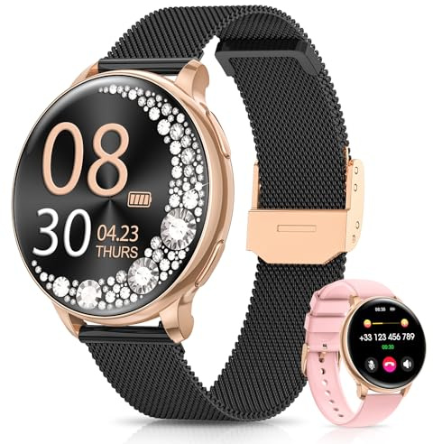 RUXINGX Smartwatch Damen, 1.27 Smart Watch Rund mit Telefonfunktion, 24H SpO2 Pulsuhr Fitnessuhr mit Schlafmonitor, 126 Sportmodi Schrittzähler IP68 iOS Android Geschenk Uhren Frauen Schwarz Roségold