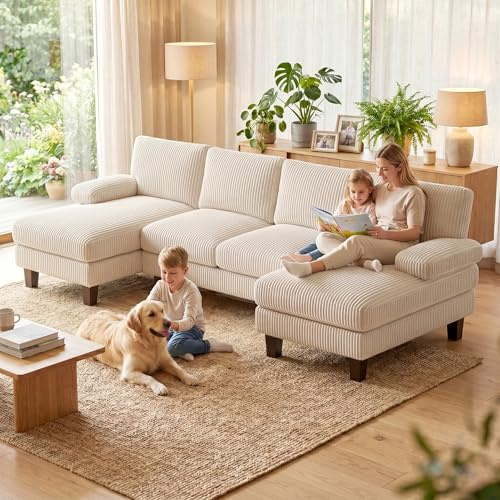Xbro Divano Angolare a U 4 Posti con Doppia Chaise Longue, Divano Grande Moderno da Soggiorno e Salotto in Velluto a Coste, Struttura in Legno e Metallo 271x122x86 cm, Beige