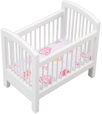 Jelquix Puppenbett aus Holz, Sicher, Exquisites, Glänzendes Miniatur-Kinderbett für Puppenhaus-Schlafzimmer, Babybett für DIY-Liebhaber, 1:12 Puppenhaus-Dekoration