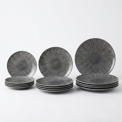 SANTA CLARA | Vajilla Completa 12 Piezas Porcelana Decorada para 4 Personas, Apta Microondas y Lavavajillas, Vajilla Electra Grafito para Hogar y Cocina