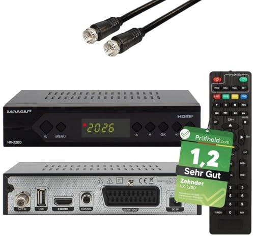 [ Test SEHR GUT, Note 1.2 *] Zehnder HX 2200 Sat Receiver + Satkabel, mit Aufnahmefunktion, Full HD fähig, Digital Sat-Receiver für Satellitenschüssel Satelliten TV Fernseher, HD-Receiver, HDMI