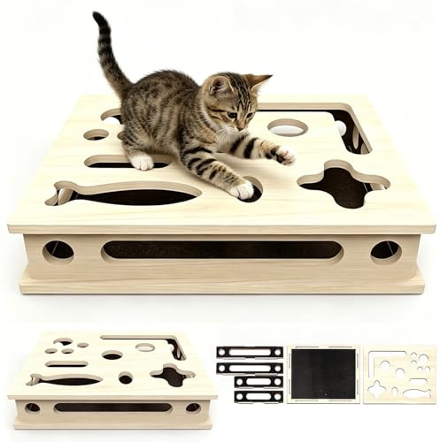 Katzenkratzpuzzle Anreicherungsbox, 39x30cm Holz Katzen Kratzbrett, Kratzpappe für Katzen, Katzenspielzeug Interaktives, Interaktive Spielzeugkiste für Indoor Katzen Katzenpuzzle