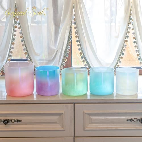 Crystal Soul Kristallklangschalen-Set C4 A4 F4 G4 C5 528Hz gestrahlt träumerische Farben für Meditation Yoga und Klangheilung