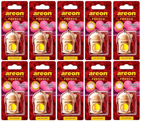 AREON Fresco Auto Bubble Gum Duft Kaugummi Rot Glas Duftflakon Flakon Holz Hängend Anhänger Spiegel Set 4ml (Pack x 10)