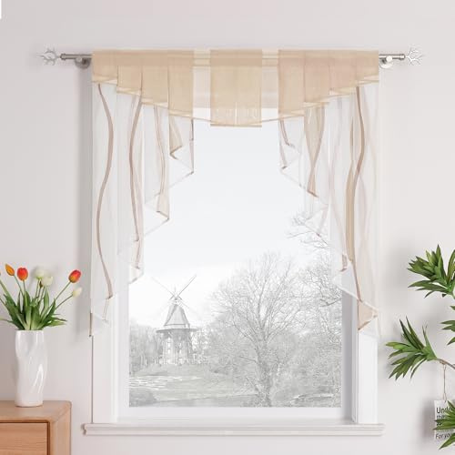 HongYa Tunnelzug Scheibengardine transparenter Voile Kurzgardine für Kleinfenster H/B 125/120 cm Creme Braun