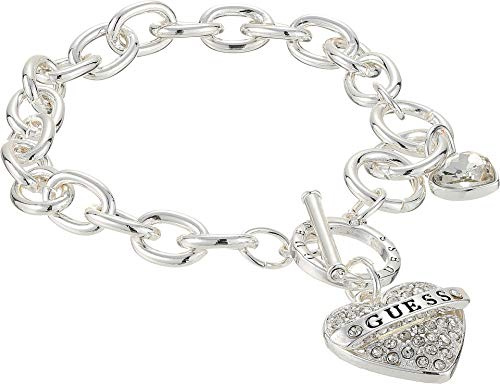 GUESS Silberfarbenes Armband mit Herzanhänger für Damen, Einheitsgröße, Kristall, 19,9 cm, Glas, Glas