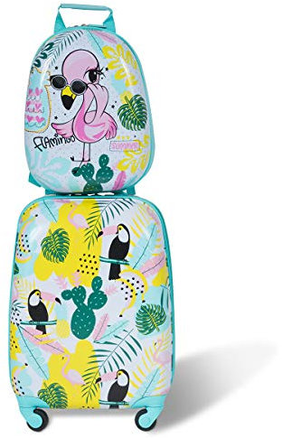 COSTWAY 2tlg Kinderkoffer + Rucksack, Kindertrolley aus Kunststoff, Kindergepäck, Kinder Kofferset Handgepäck Reisegepäck Hartschalenkoffer für Jungen und Mädchen (Flamingo, 12+16)