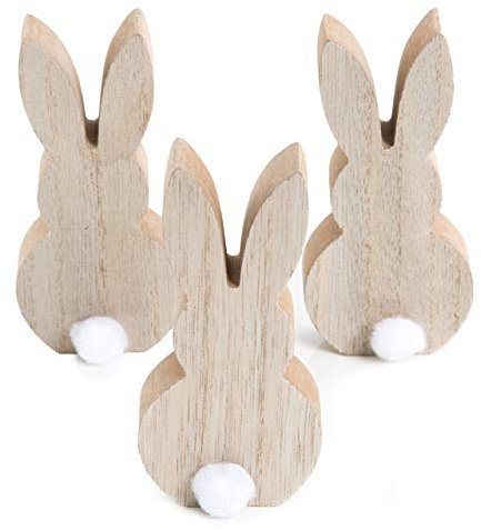 Logbuch-Verlag Set da 3 coniglietti pasquali in legno naturale, 12 cm: decorazioni pasqua rustiche con coda bianca, conigli decorativi per tavola, finestra o mensola, idea regalo primaverile per casa