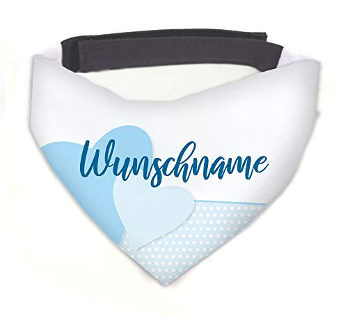 Hundehalstuch Herz blau / weiß personalisiert inklusive Wunschname mit 12 cm Klettverschluss für kleine, mittlere und große Hunde, Hunde-Halstuch / Dreieckstuch (S = Halsumfang 31-38 cm)