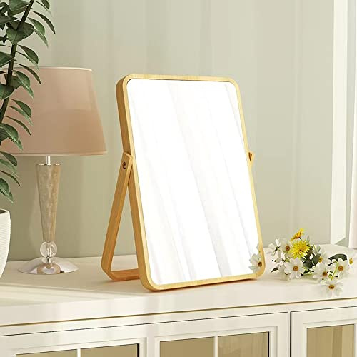 Hosoncovy - Espejo de madera portátil con soporte para maquillaje, de tocador, de mesa, de escritorio, espejo rectangular de baño de viaje de alta definición plegable que se sostiene solo (blanco)