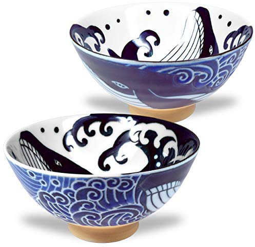 Mino Ware Japanese Rice Bowl, Rice Ramen Noodle Soup Sarada Pasta, Wave Whale Chawn, 4.6 inch 10oz Set of 2